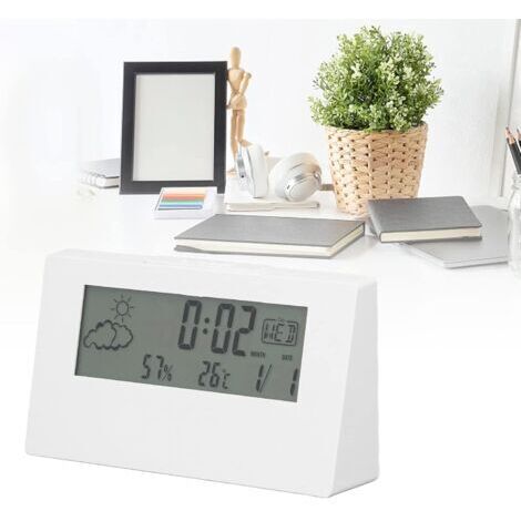 Lntyq Digitaler Wecker, intelligenter Nachtlichtwecker, Uhrzeit, Datum, Temperatur, Luftfeuchtigkeitsanzeige, Nachttischuhr, batteriebetrieben (weiß)