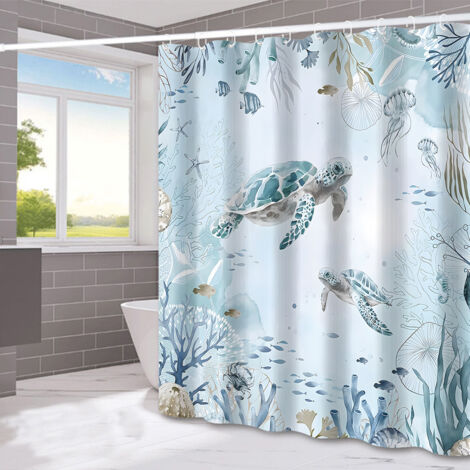 Lntyq Duschvorhang Meeresschildkröte Blauer Ozean Algen Badevorhang Polyestergewebe Anti-Schimmel Wasserdicht Waschbar Badezimmervorhang 180x180cm mit 12 Haken für Badewanne