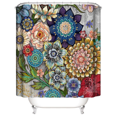 Lntyq Duschvorhang – Mehrfarbige Blumen – Naturkunst – 180 x 200 cm – Waschbar – Anti-Schimmel – Wasserdicht – mit 12 Ringen – Rot Gelb Blau Grün