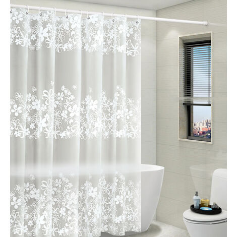 Lntyq Duschvorhang mit befestigtem Volant für Badezimmer, weißer durchsichtiger Strick mit viktorianischem Blumenmuster, Shabby-Chic-Stoffdekor-Set, B 183 x L 183 cm
