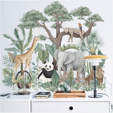 Lntyq Ein Set abnehmbarer Wandaufkleber mit Cartoon-Motiven aus dem tropischen Regenwald, Pflanzen, Löwen, Giraffen, Elefanten, Pandas, DIY-Wanddekoration