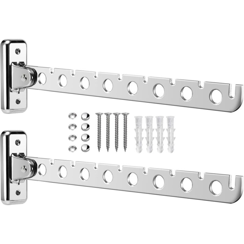 Ensemble de 2 séchoirs muraux pliants en acier inoxydable - Vêtements muraux, buanderie - chambre à coucher, salon, balcon , 30cm(argent 8 trous)