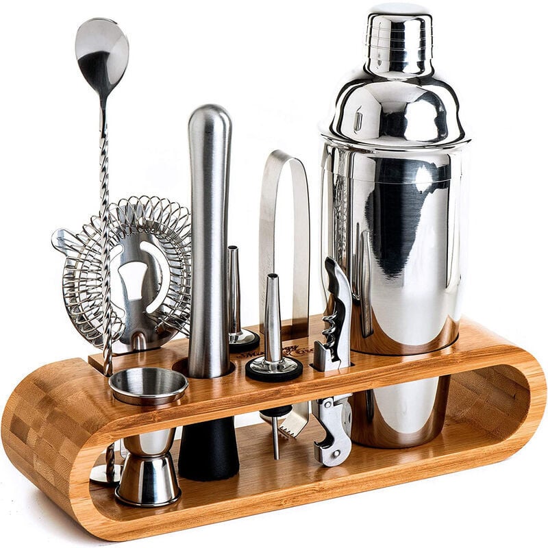 Lntyq - Ensemble de barman, acier inoxydable/bambou, Shaker Cobbler 550 ml, paquet de 10, argent/marron
