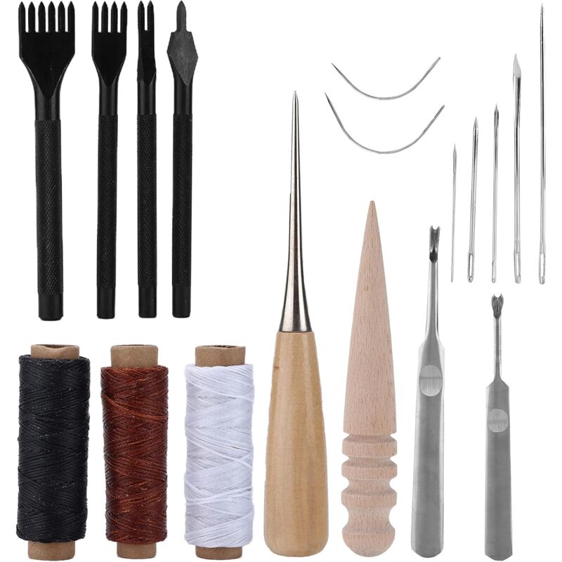 Ensemble d'outils en cuir - Kit de couture 18 pièces pour denim, moquette, revêtement rembourré, outils de travail du cuir et accessoires d'artisanat