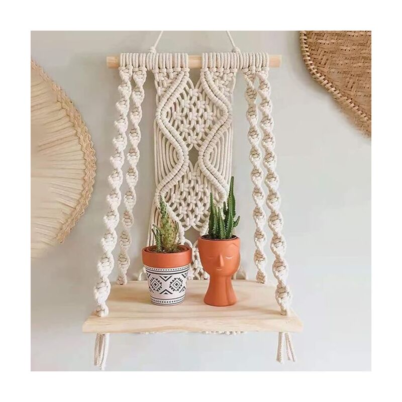 Tagère Murale en Macramé, Flottante Bois à Un Étage Boho Tapisserie Décoration Murale Coton Rideaux en Macramé Faits à la Main pour Les Portes Salon