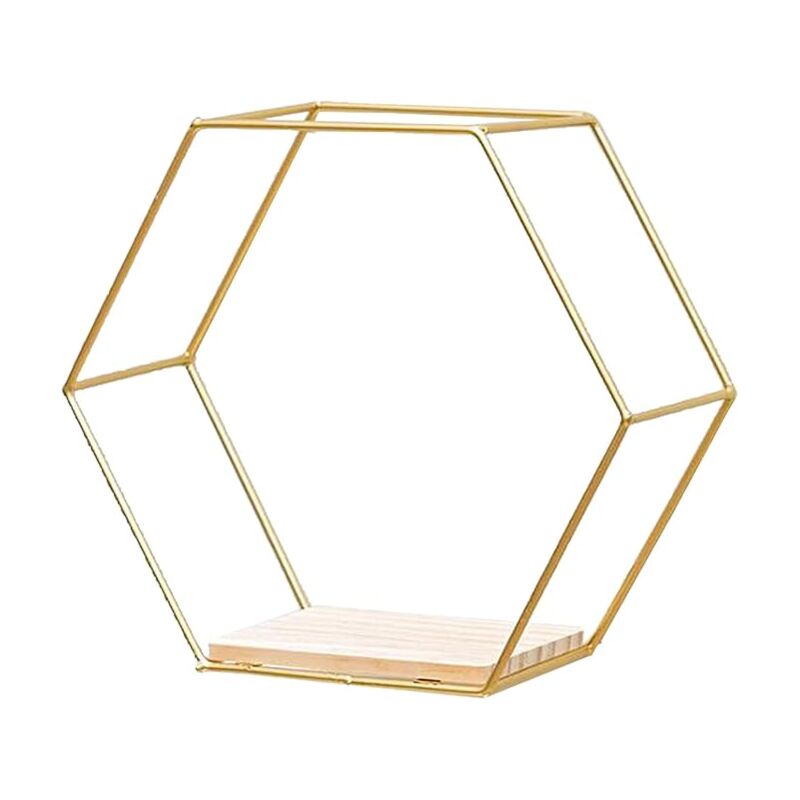 Tagère murale flottante hexagonale en nid d'abeille avec rivets dorés 20,5 x 24 x 9,5 cm - Lntyq