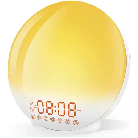 Lntyq Eveil Lumière LED Radio Réveil Matin Lumineux Lampe de Chevet 20 Niveaux de Luminosité Simulateur d'Aube et Crépuscule 2 Réveils 7 Sons Naturels Fonction Snooze Veilleuse Enfant