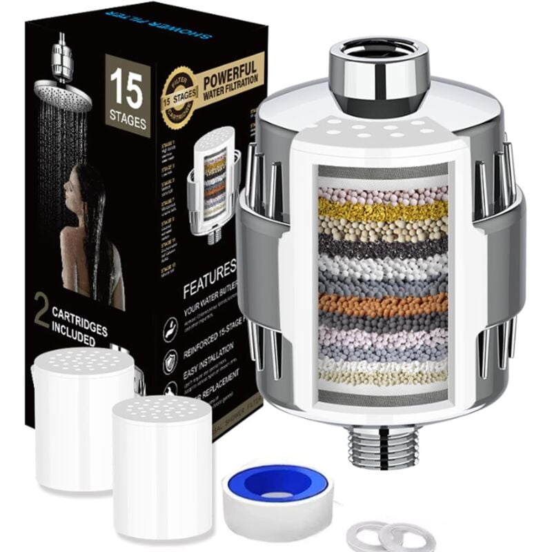 Filtre de Douche à 15 Étapes avec Vitamine c, Filtre Douche Anti Calcaire, Adoucisseur d'eau Douche avec Cartouches de Filtre Remplaçables pour