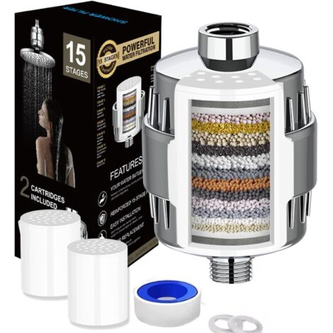 Lntyq Filtre de Douche à 15 Étapes avec Vitamine C, Filtre Douche Anti Calcaire, Adoucisseur d'eau Douche avec Cartouches de Filtre Remplaçables pour Éliminer l'Eau Dure, Chlore et Métaux Lourds
