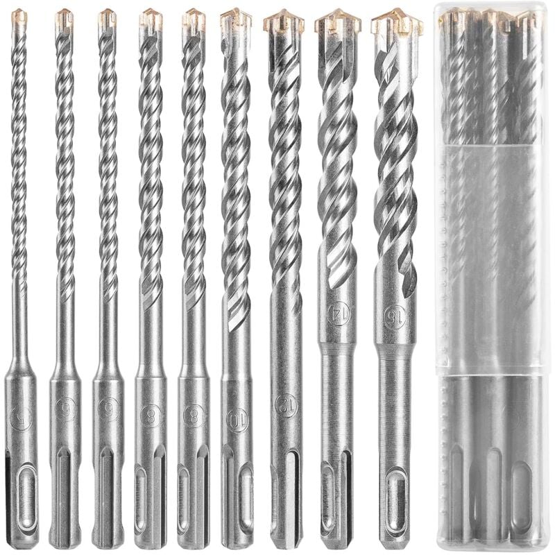 Forets à Béton de Fabrication, 9x pcs (5mm-16mm), 160mm de Long, sds Plus Foret pour Perforateur, pour Percer dans Beton, Brique, Pièrre, Ciment