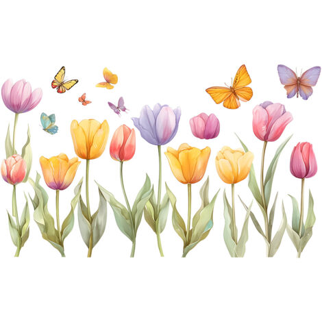 Lntyq Gartenblumen-Wandaufkleber, Tulpen-Wandaufkleber, Blumen, Schmetterlingspflanze, Wanddekoration für Wohnzimmer, Schlafzimmer, Büro, Sofa, TV, Hintergrundwandbild