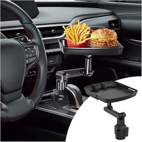 Lntyq Getränkehalter-Tablett fürs Auto, multifunktionaler Auto-Tabletttisch zum Essen mit Handy-Steckplatz, universell verstellbares 360°-Schwenktablett für das Fahrzeug