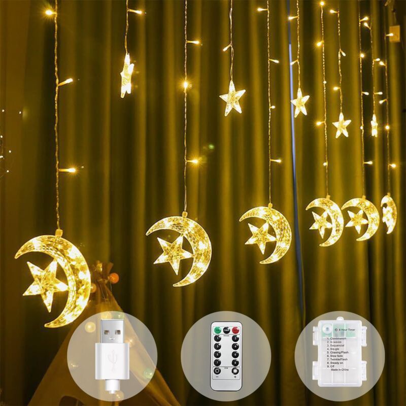 Guirlande Lumineuse Décoration Ramadan 3,5 m Lune Étoile Rideau Lumineux Intérieur à Piles/USB avec Minuterie et Télécommande, 8 Modes Rideau