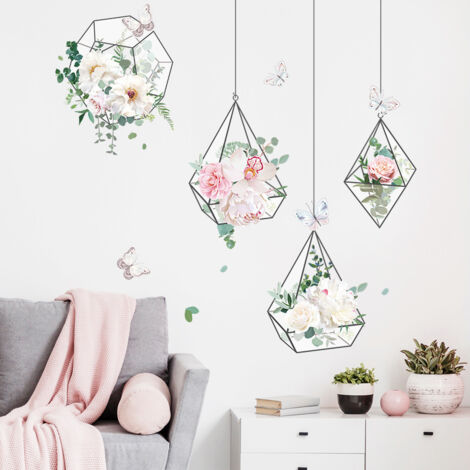 Lntyq Hängende Blumen-Wandaufkleber, Frühlingsblumen-Wandaufkleber, Pflanzen, Wandaufkleber, tropische Blumen, Wandaufkleber, Blumenkorb, für Schlafzimmer, Wohnzimmer, Büro, Fenster, Wand, dekorativ