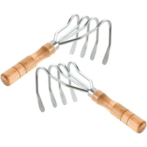 Lntyq Handrechen mit 4 Zinken, Handgrubber mit kurzem Holzgriff, Garten-Handrechen, Werkzeug zum Lösen von Unkraut und Erde, 2 Stück