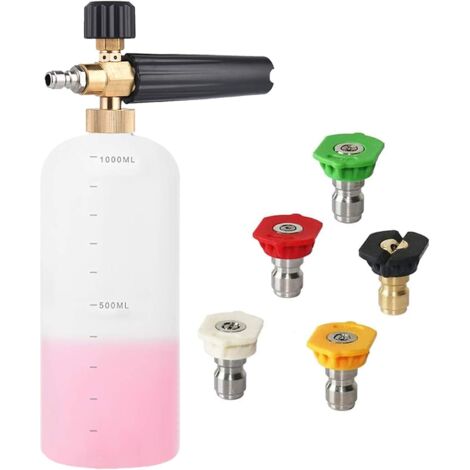 Lntyq Haute Pression Nettoyeur Canon à Mousse, 1L Réglable Lavage Jet 1/4" Rapide Dégagement Lance en Mousse de Neige Distributeur de Savon Bouteille, 5Pcs Buses de Pulverisation pour Lavage de Voitur