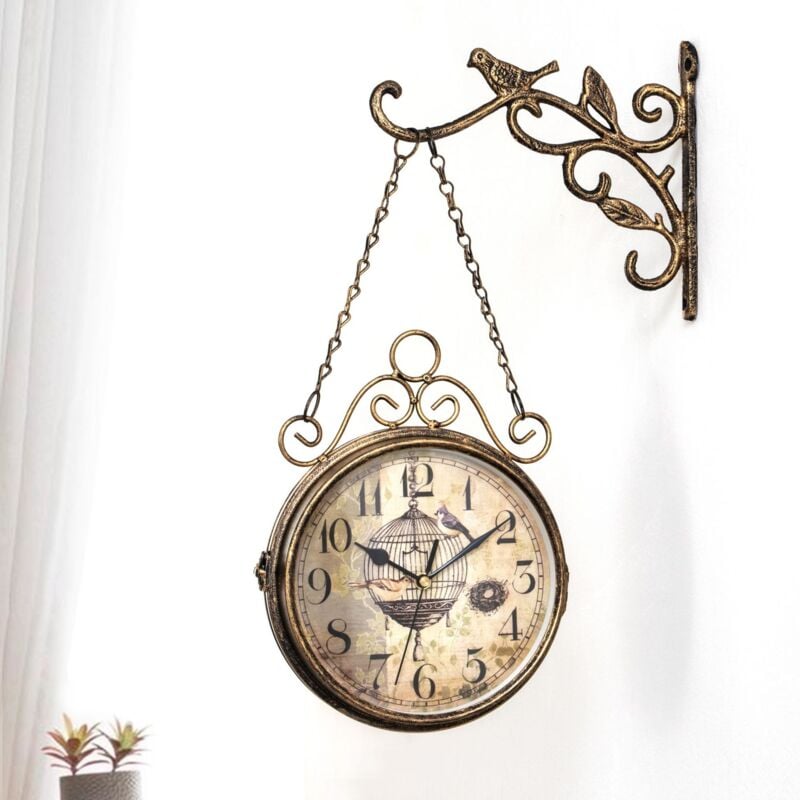 Lntyq - Horloge de gare double face, au design rétro, en fer forgé, à suspendre, horloge de gare, 20,3 cm, style nostalgique, pour jardin, couloir,