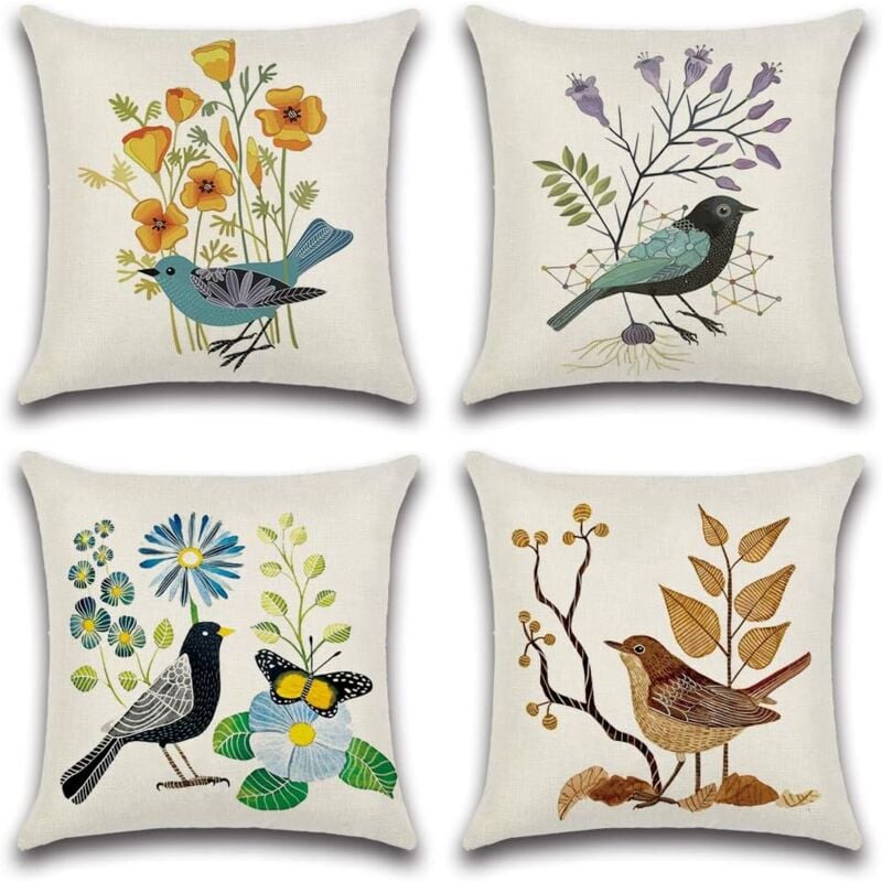 Lntyq - Housse de Coussin Fleurs et Oiseaux Motif 45 x 45 cm Taie d'oreiller pour Canapé Maison Salon Chambre Décoration 4 pièces (Fleurs et Oiseaux