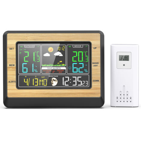Lntyq Kabellose Wetterstation, Thermometer, Hygrometer, Barometer für drinnen und draußen, mit Sensor, LED-Hintergrundbeleuchtung, Bildschirm, Digitaluhr, Wecker und Schlummerfunktion, Anzeige von Uhr