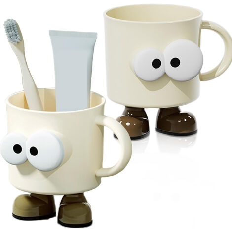 Lntyq Kinder-Zahnbürstenbecher, 2-teilig, Cartoon-Design mit großen Augen, Badezimmerbecher mit stabilem Griff, für Zuhause und unterwegs, weiß, ABS-Material, 10,8 x 8,8 cm