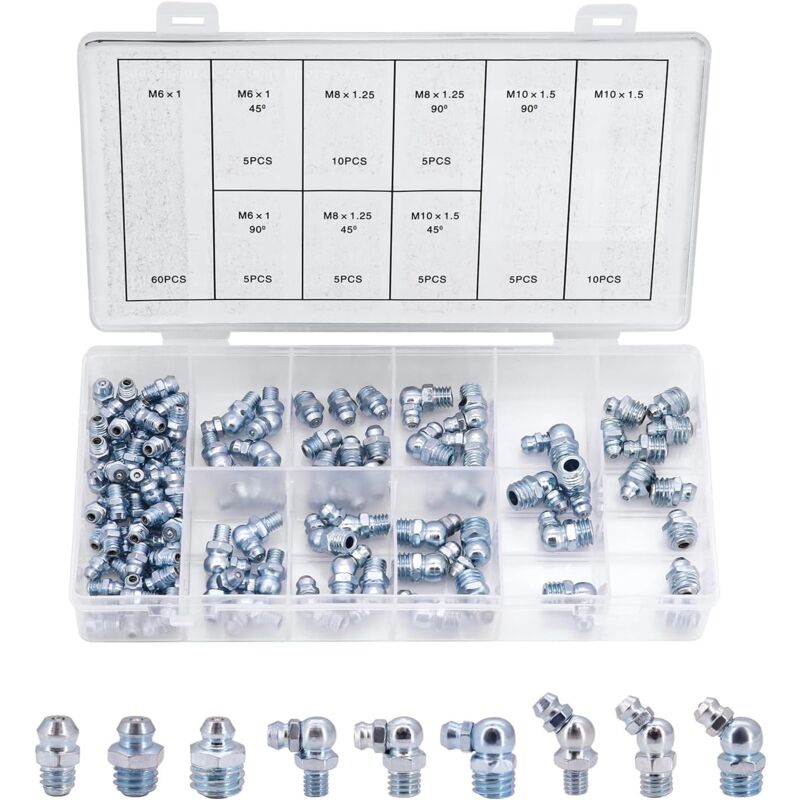 Lntyq - Kit D'assortiment de Graisseurs, 110 Pièces Graisseurs Coniques Assortiment de Graisseurs, Graisseurs M6 M8 M10 Version Droite, Coudée à 45°