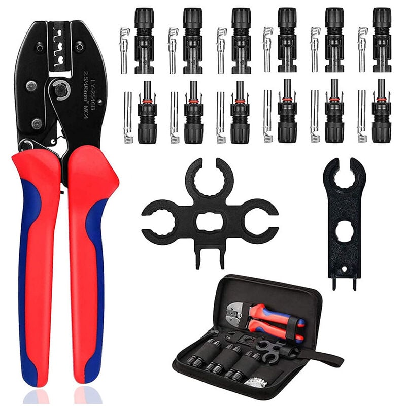 Kit de pince à sertir solaire pour panneau solaire 2,5/4,0/6,0 mm², câble pv, outils de sertissage + 6 connecteurs de câble mâles + 1 paire de clés