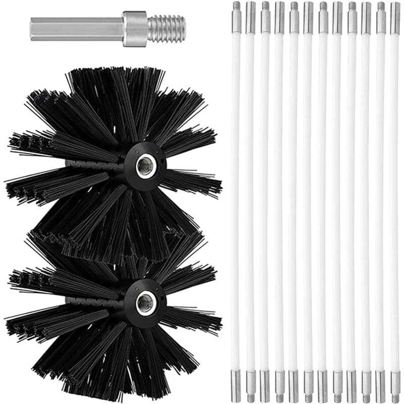 Lntyq - Kit de Réglable Brosse Nettoyage de Cheminée, Ensemble de Brosse de Cheminée Comprenant 12 Tiges Flexibles de 410 mm et 2 Têtes de Brosse