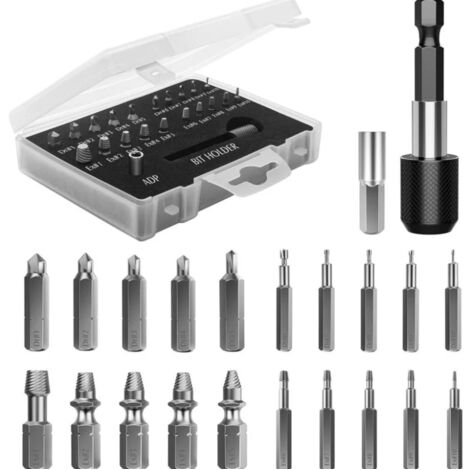 Lntyq Kit d'Extracteur de Vis Cassé, 22 PCS Outils d'Extraction Améliorés en Acier Allié HSS 4341 avec Mèches 2 Porte-embouts d'Extension Magnétique Adaptateur de Prise pour Boulon Endommagé, Noir