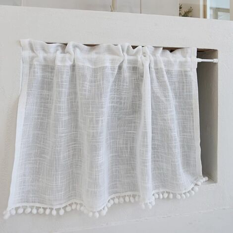 Lntyq Kurzer Küchenvorhang für kleine Fenster, Leinen-Baumwollstruktur, transparent, unifarben, weiß, mit Quaste, Wetterschutzvorhang, Scheibenvorhänge, Paneele, Stangentasche, Volants für Bistro-Café