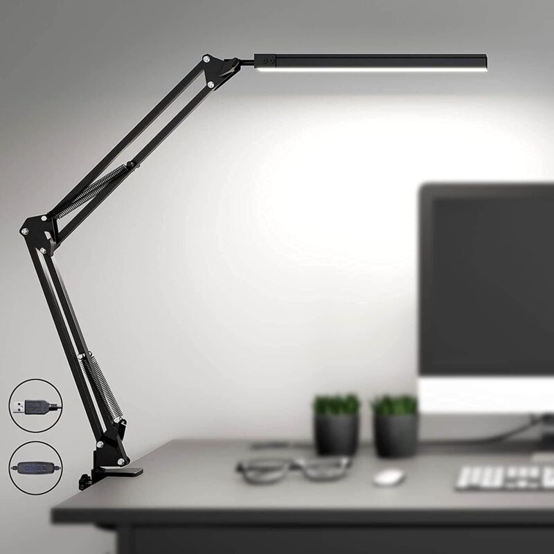 Lampe de Bureau led Puissante avec clip - Protection des yeux Lampe led - 3 modes d'éclairage x 10 niveaux de luminosité - Noir - Lntyq