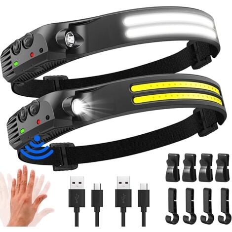 Lntyq Lampe frontale LED ultra puissante, 2000 lumens, éclairage 230°, lampe frontale rechargeable par USB, capteur de mouvement, étanche IPX5, poids 0,14 lb, légère, pour la pêche, le camping, le cyc