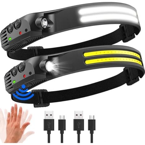 Lntyq Lampe frontale LED ultra puissante, 2000 lumens, éclairage 230°, lampe frontale rechargeable par USB, capteur de mouvement, étanche IPX5, poids 0,14 lb, légère, pour la pêche, le camping, le cyc
