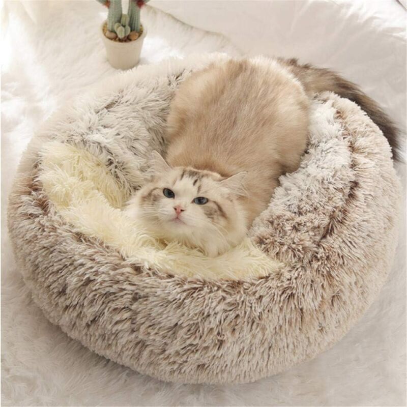 Lit Rond Moelleux pour Chat - en Peluche Douce - avec Capuche - pour l'intérieur et l'hiver - Coussin de Couchage antidérapant - Lavable en Machine