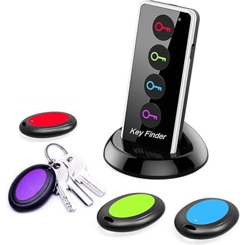 Lntyq Localizador de llaves Reyke, RF inalámbrico de 80 dB con alcance de 39,6 m, control remoto con linterna LED y base para llaves, billetera,