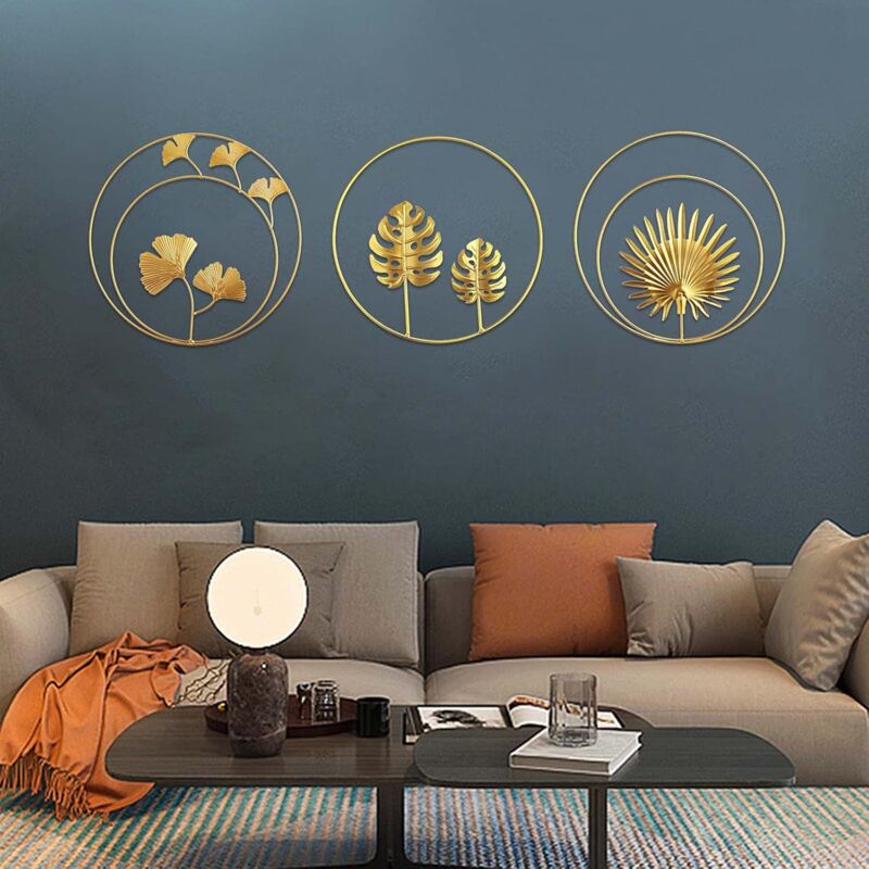 Lntyq - lot de 3 Sculptures Murales en Fer Métal Feuilles- Feuilles de ginkgo dorées - Feuilles de palmier - Décoration murale ronde - Décoration