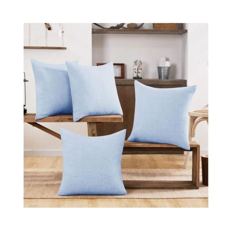Lntyq - Lot de 4 Housse de Coussin Effet Lin, 45x45 cm, Bleu Clair