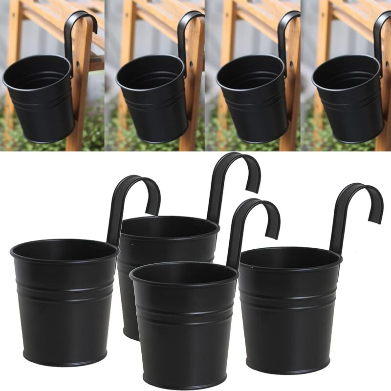 Lntyq Lot de 4 pots de fleurs à suspendre en métal noir avec crochet amovible pour extérieur, intérieur, clôture, balcon, jardin, décoration de la