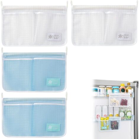 Lntyq Lot de 4 Sacs de Rangement pour Réfrigérateur, 2 Blancs et 2 Bleus, Sacs à Filet Suspendus avec Plusieurs Poches
