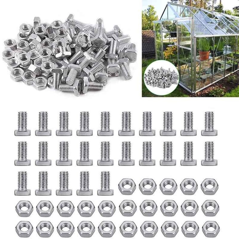 Lot de 50 Serre Glasshouse Aluminium Coupée Tête Écrous et Boulons pour Serre à Tête Courte pour Construction et Réparation de Serres,Accessoires