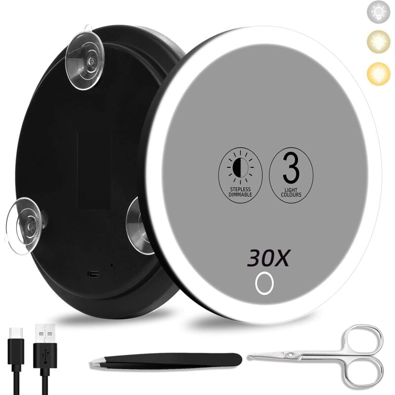 Miroir grossissant 30x avec lumière, Grand Miroir 15cm 3 Couleurs avec éclairage tamisé 30x avec 3 ventouses, Miroir de Voyage grossissant 30x,
