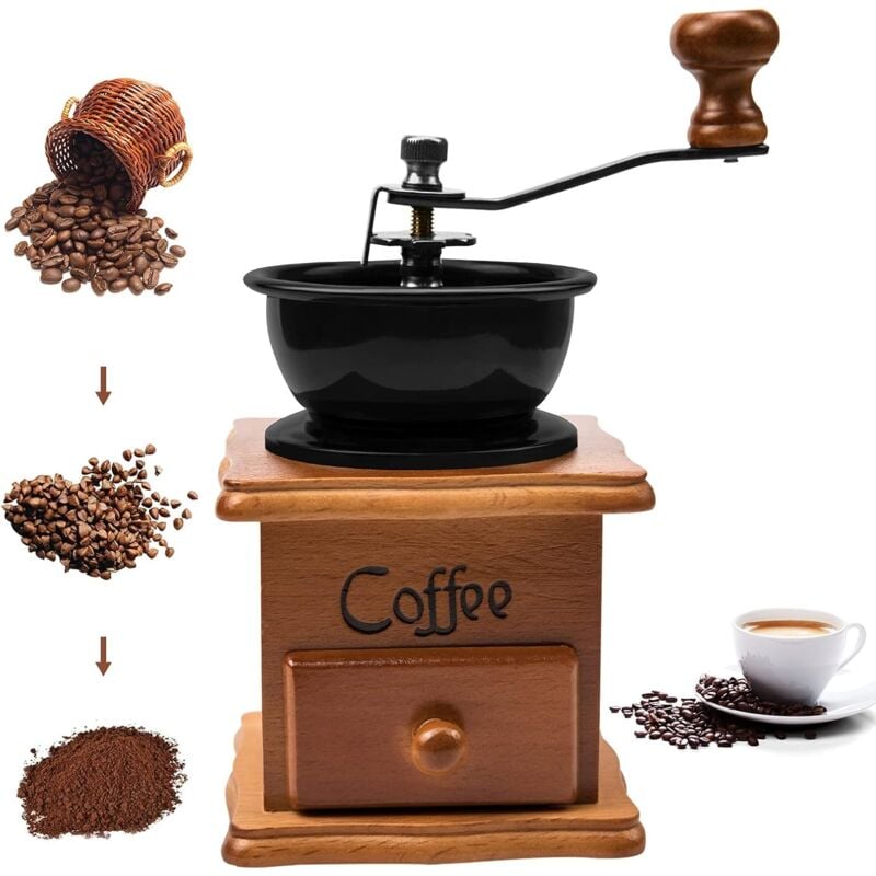 Moulin à café manuel, vintage,en bois vieilli avec réglage de l'engrenage réglable pour la maison, le bureau et les voyages - Lntyq