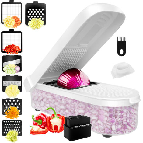 Lntyq Multifunktionaler Gemüseschneider und professionelle Küchenmandoline – Gemüsehobel – Gemüseschneider Würfel Zwiebel Karotte Gurke Tomate – Gemüse- und Käsereibe (kompakt 7-in-1 weiß)