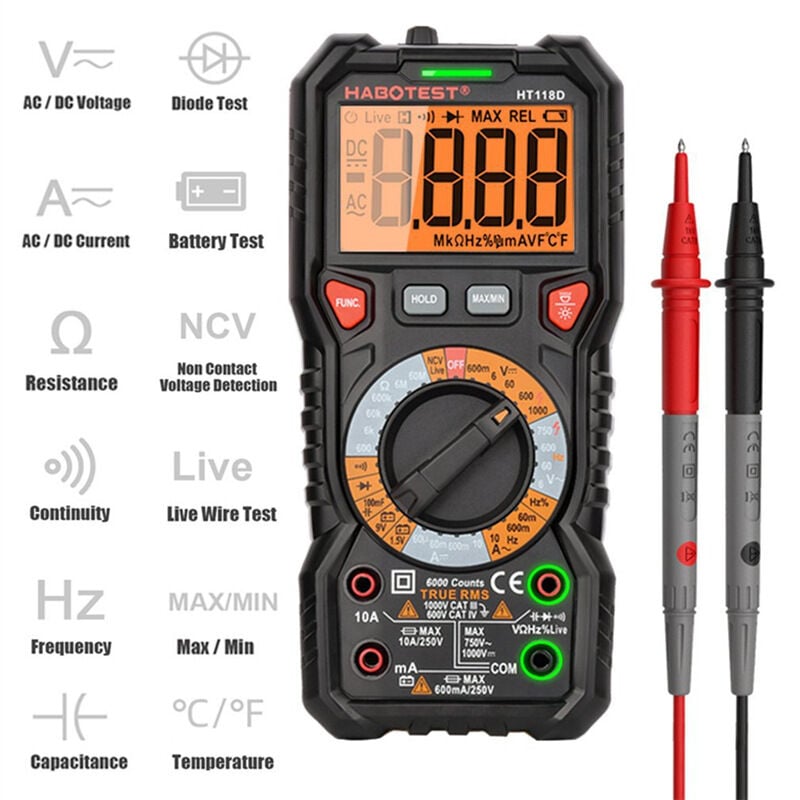 Multimètre Automatique Numérique trms 6000 Points (Guide de Bornes led), Testeur Electrique Professionnel, Température Capacimètre Tension/Courant ac