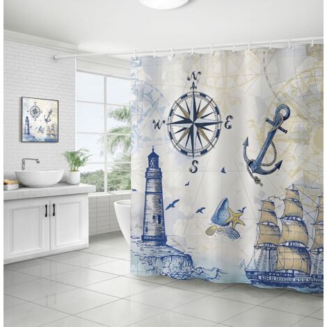 Lntyq Nautischer Duschvorhang, Leuchtturm, Segelboot, Kompass, Anker, 180 x 180 cm, Badevorhang aus Polyestergewebe, schimmelresistent, wasserdicht, waschbar, Badezimmervorhang mit 12 Haken für die Ba