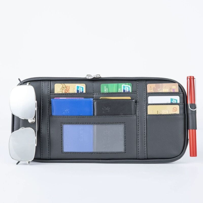 Lntyq - Organiseur de pare-soleil de voiture (noir) Pochette de rangement avec plusieurs poches en filet à fermeture éclair Organiseur de pare-soleil