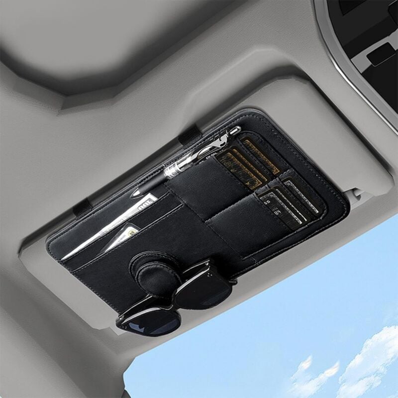 Lntyq - Organiseur de pare-soleil de voiture Petit porte-carte en cuir synthétique pour visière, pochette de rangement, organiseur multi-poches pour