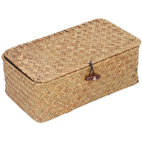 Lntyq Paniers de rangement rectangulaires en osier avec couvercle, en jonc de mer tissé à la main pour étagères, bureau, maison (naturel, taille S)
