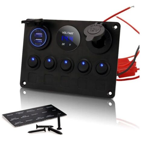 Lntyq Panneau de Commutateur à Bascule à 5 Gangs - Interrupteur à Bascule Étanche - Double USB DC 12V/24V - Pour Bateau, Voiture, Camion, Remorque, Marine, Véhicules SUV, Camping-Car