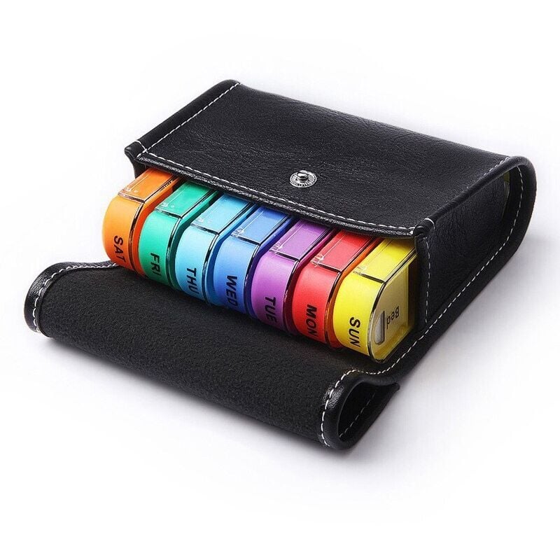 Lntyq Pastillero semanal con 28 compartimentos para 7 días, multicolor, con bolsa de poliuretano, para vitaminas, aceites de pescado y medicamentos.