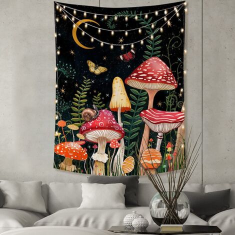 Lntyq Pilz-Wandteppich, Mond und Sterne, Schmetterlings-Wandteppich, ästhetischer vertikaler Wandteppich, Tarot-Wandteppich, Wandbehang für Schlafzimmer, Wohnzimmer, Dekoration (148 x 200 cm, schwarz)